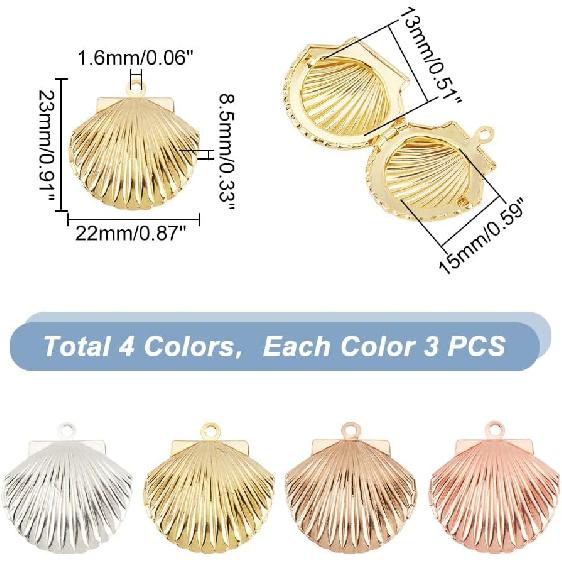 PH PandaHall 12pcs Shell Locket Charms 3 Colors Photo Frame Charm Memorial Collection Charm Brass Locket Charms Pendants for Summer DIY Necklace