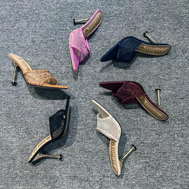 Летние женские тапочки, сексуальные, с острым носком, со стразами, сетка, женские туфли на высоком каблуке, женские туфли для вечеринки, свадьбы, невесты