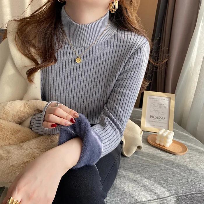 Women's Fleece-Lined Thick Sweater for Autumn/Winter, Half-High Collar Plush Base Layer, High-Grade Warm Top.