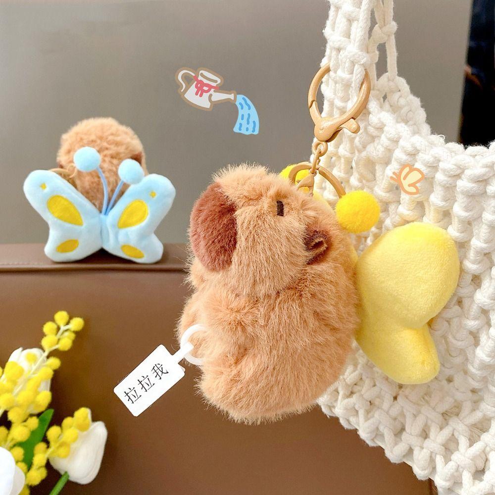 Cartoon Plush Capybara Keychain Pull Butterfly Car Keyring Funny Capybara Dolls Pendant  Bag Decor