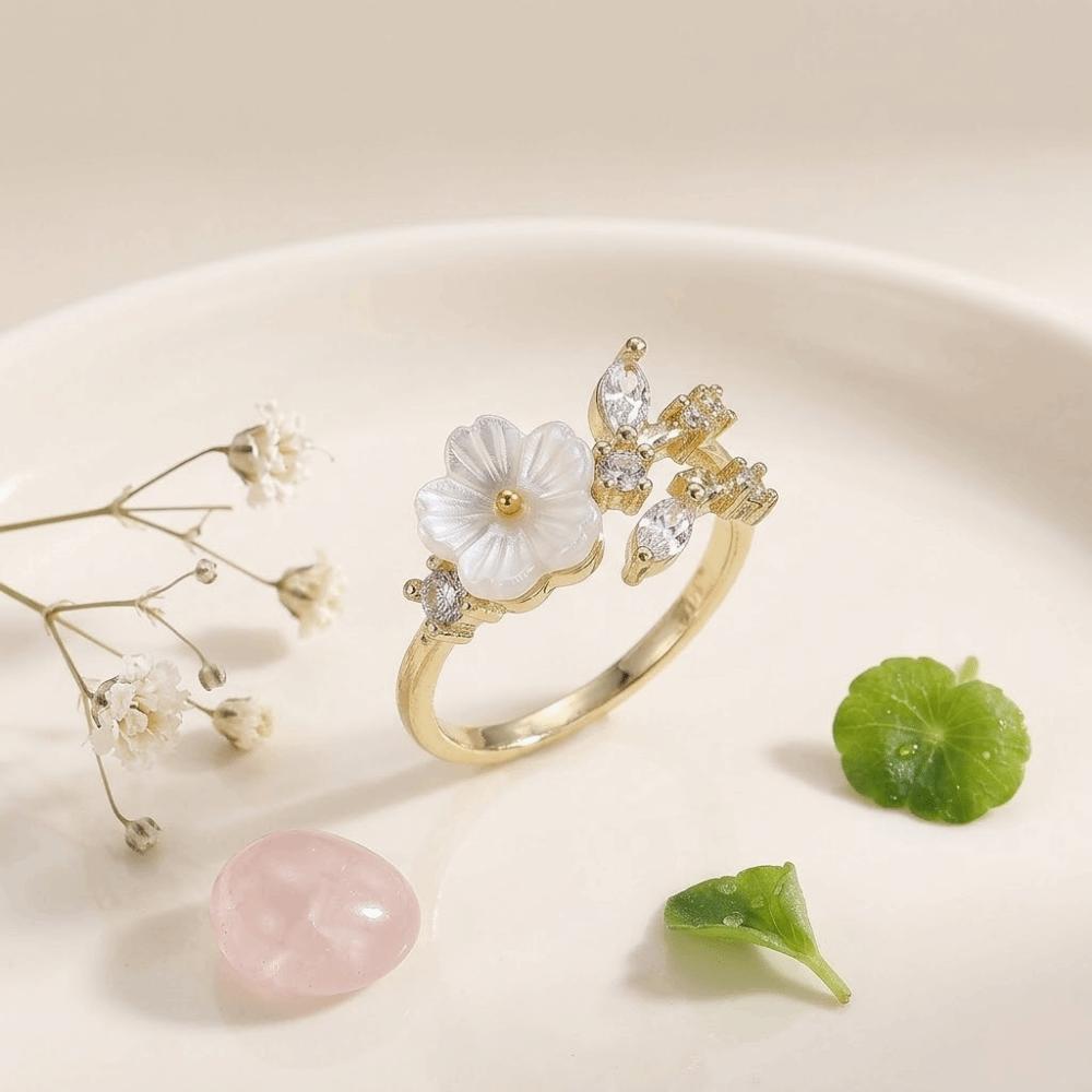 Wedding Flower Crystal Ring Adjustable Zircon Ring Delicate Flower Opening Ring Gifts