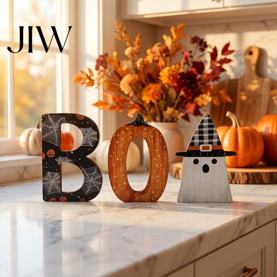 Freestanding Wood BOO Block Set Halloween Wooden Ornaments, Lettering Decorations, Rustic Bat Pumpkin Ghost Vintage Style Letter Signs