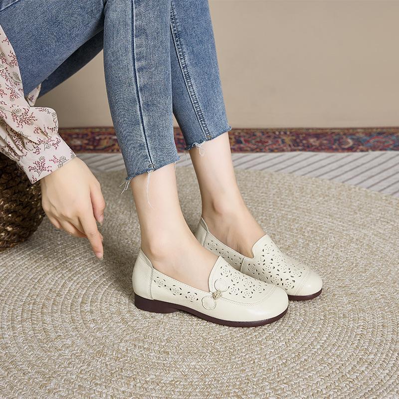 Материнские туфли из коровьей кожи первого слоя, женские туфли из мягкой кожи на мягкой подошве, нескользящие с перфорацией, женские туфли для среднего и пожилого возраста, летние удобные с перфорацией, повседневные