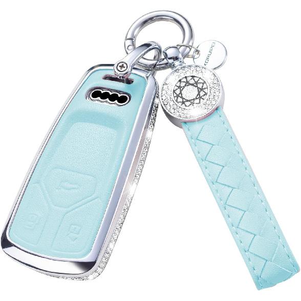 for Volvo Key Fob Cover with Keychain, Blue Leather Rhinestone Key Case Protection Shell Compatible with XC90, XC60, XC40, S60, S90, V60, V90,