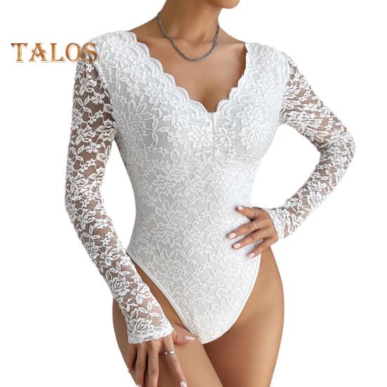 Women Bodysuit Flower Embroidery Lace Elastic Deep V Neck See-through Long Sleeve Solid Color Slim Fit Soft Breathable Spring Playsuit