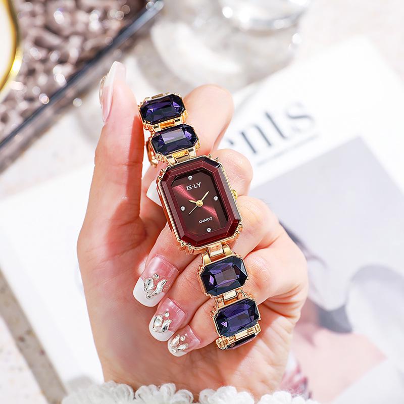 Chic Women's Colorful Gemstone Steel Band Square Watch