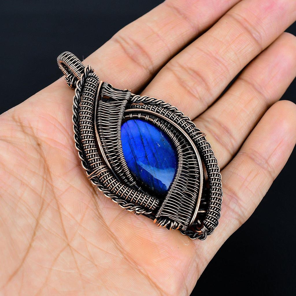 Labradorite Pendant, Handmade Gemstone 999 Copper Wire Wrap Pendant Antique Jewelry, For Gift Copper Jewelry
