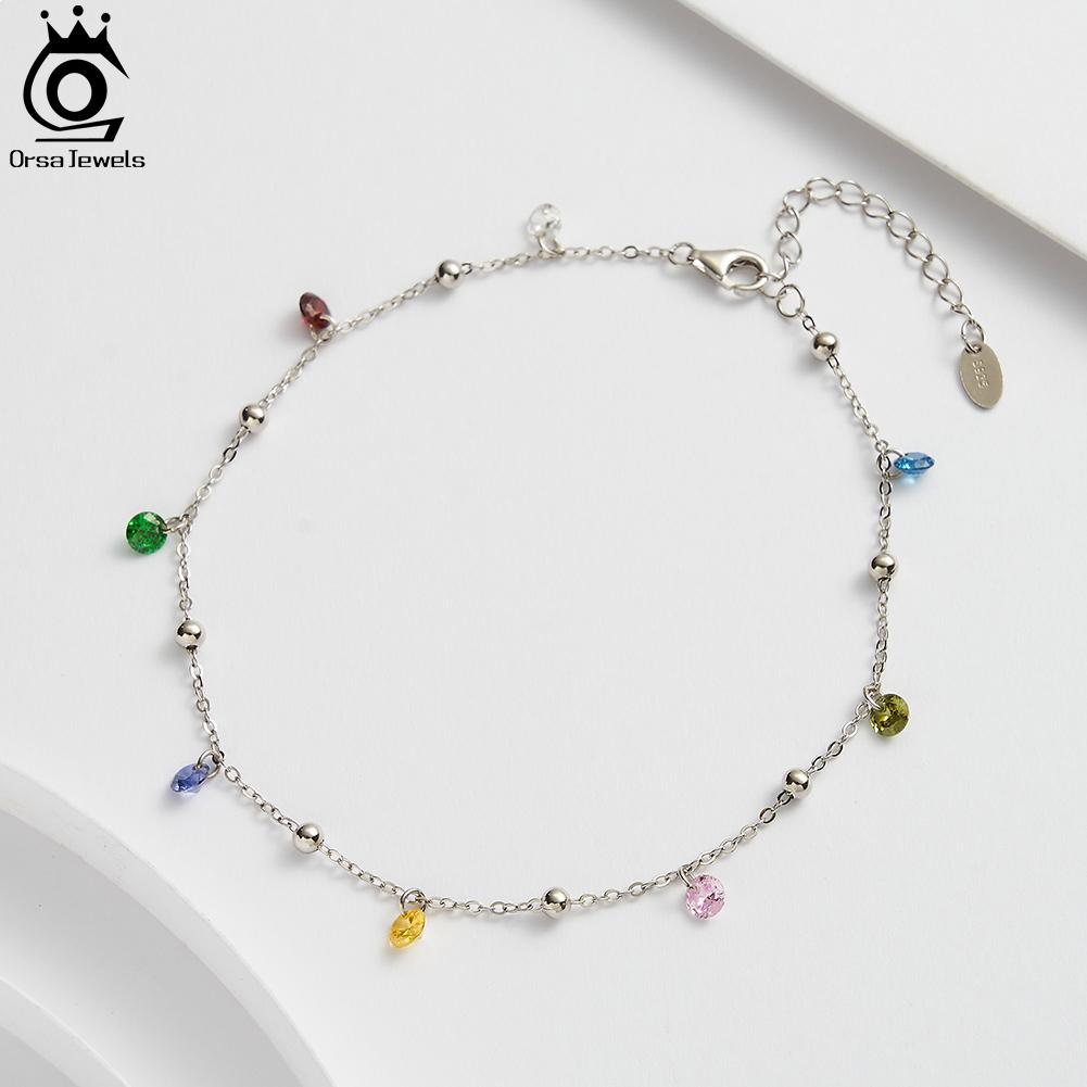 ORSA JEWELS Новый летний пляжный браслет на щиколотку Модный 925 пробы Серебряная кабельная цепочка Разноцветный 4A Цирконий Браслет на щиколотку для женщин ювелирное изделие SA93