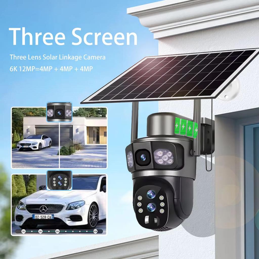 Solar Outdoor Surveillance Camera WiFi  6K Wireless 10X Zoom Three Lens 12MP 360 Cameras Auto Tracking CCTV IP Security Cam V380
