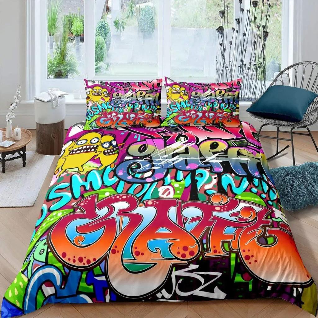 Rock Music Graffiti Duvet Set, Hip Hop Art Bedroom Supplies Quilt Set Three-Piece Set