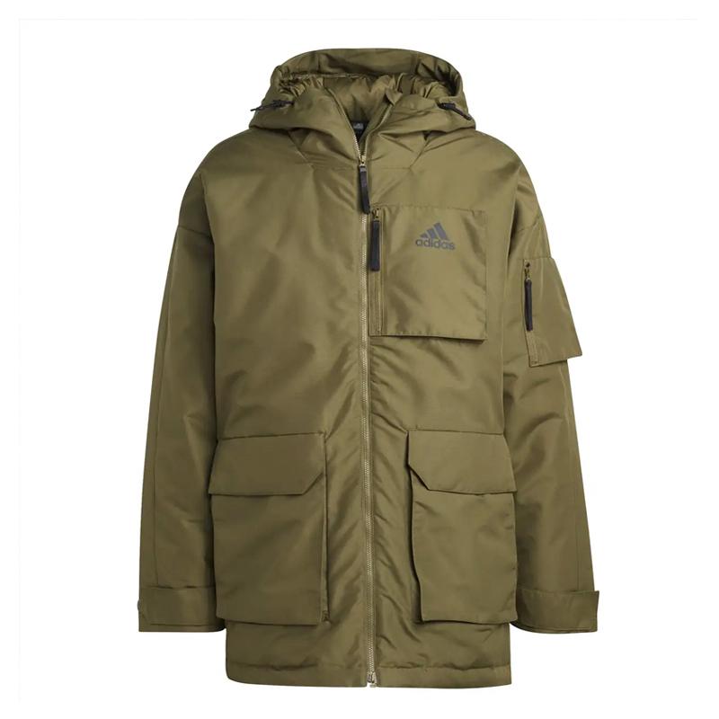 Adidas Sports Lifestyle Series Simple Hooded Zipper Pocket Warm Parka Drop Shoulder Long Sleeve Down Jacket Men Outerwear Dark-Olive-Green HK6664