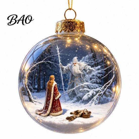 Christmas Party Hanging Trinkets 3D Faux Crystal Ball Ornaments with Warm LED Miniature Winter Scene Decor Lights, Luminous Tree Pendant for