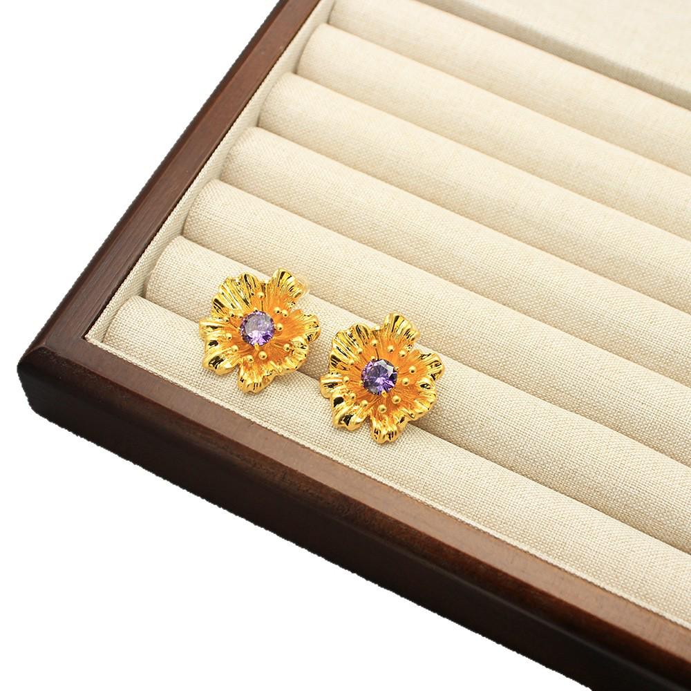 Нишевый французский ретро набор серег-пусетов и кольца с цветком ромашки и фиолетовым цирконом