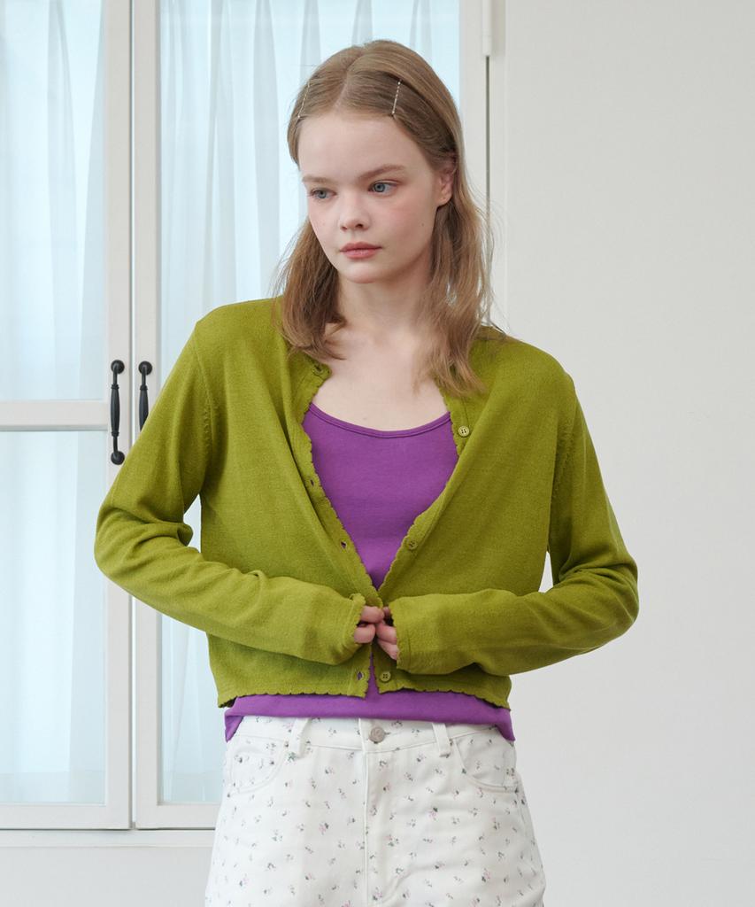 OPENING SUNSHINE Sheer Scallop Linen Cardigan Olive