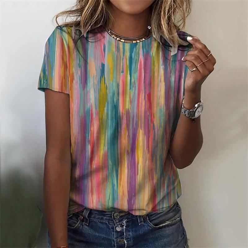 Цветная футболка с 3D-принтом для женщин, летняя футболка с O-образным вырезом и пигментной графикой, повседневная уличная одежда с коротким рукавом, топы Harajuku, футболки