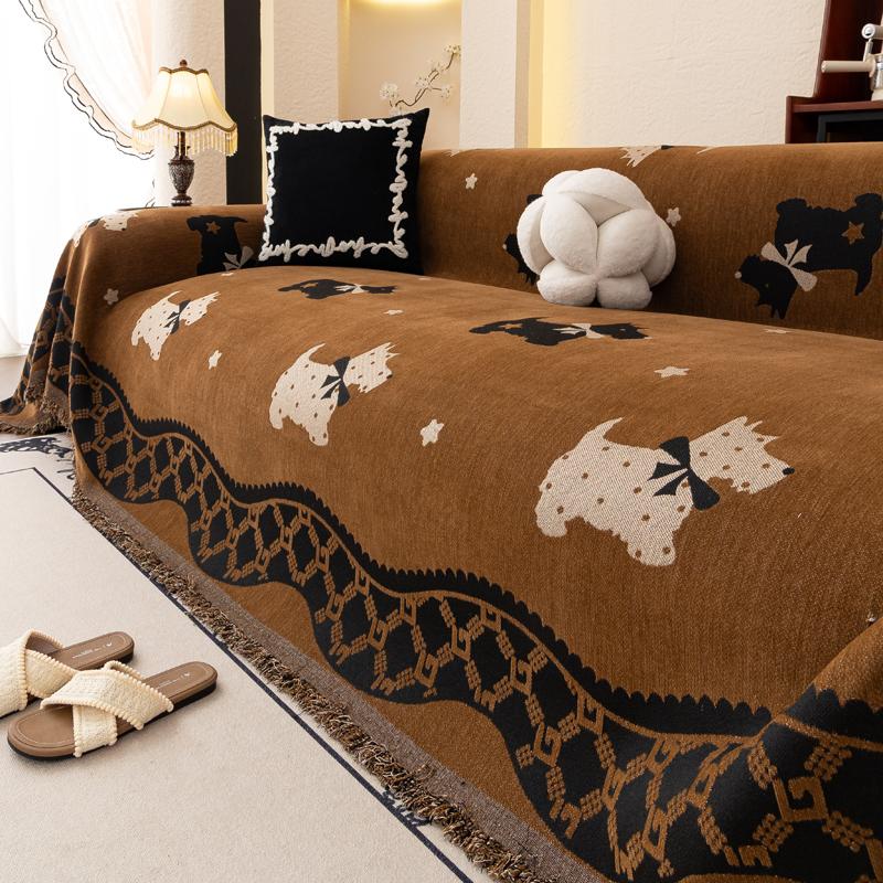 Vintage Chenille Sofa Cover Full Coverage Non-Slip Couch All-Season Universal Dog Pattern Couch Camping Blanket