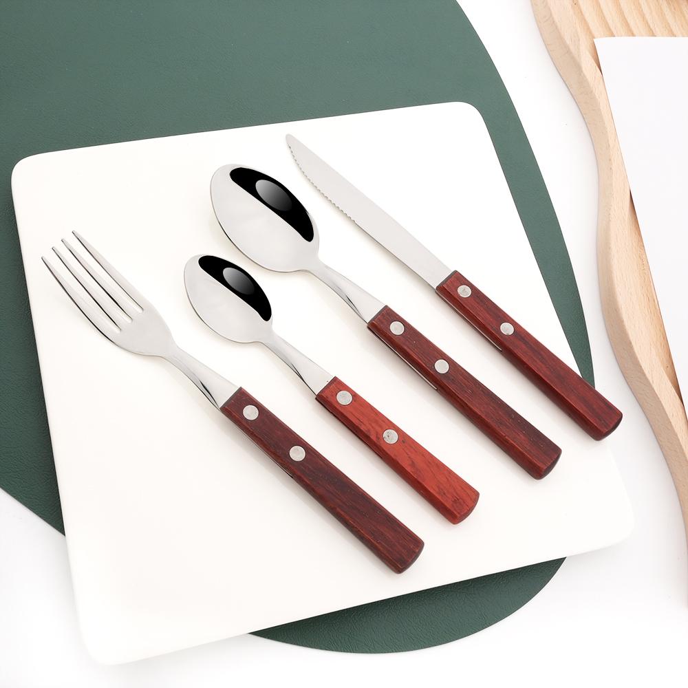 6/10Pcs Flatware Set Natural Wood Handle Steak Knives Cutlery Stainless Steel Dinner Knife Dinnerware Kitchen Silverware Set