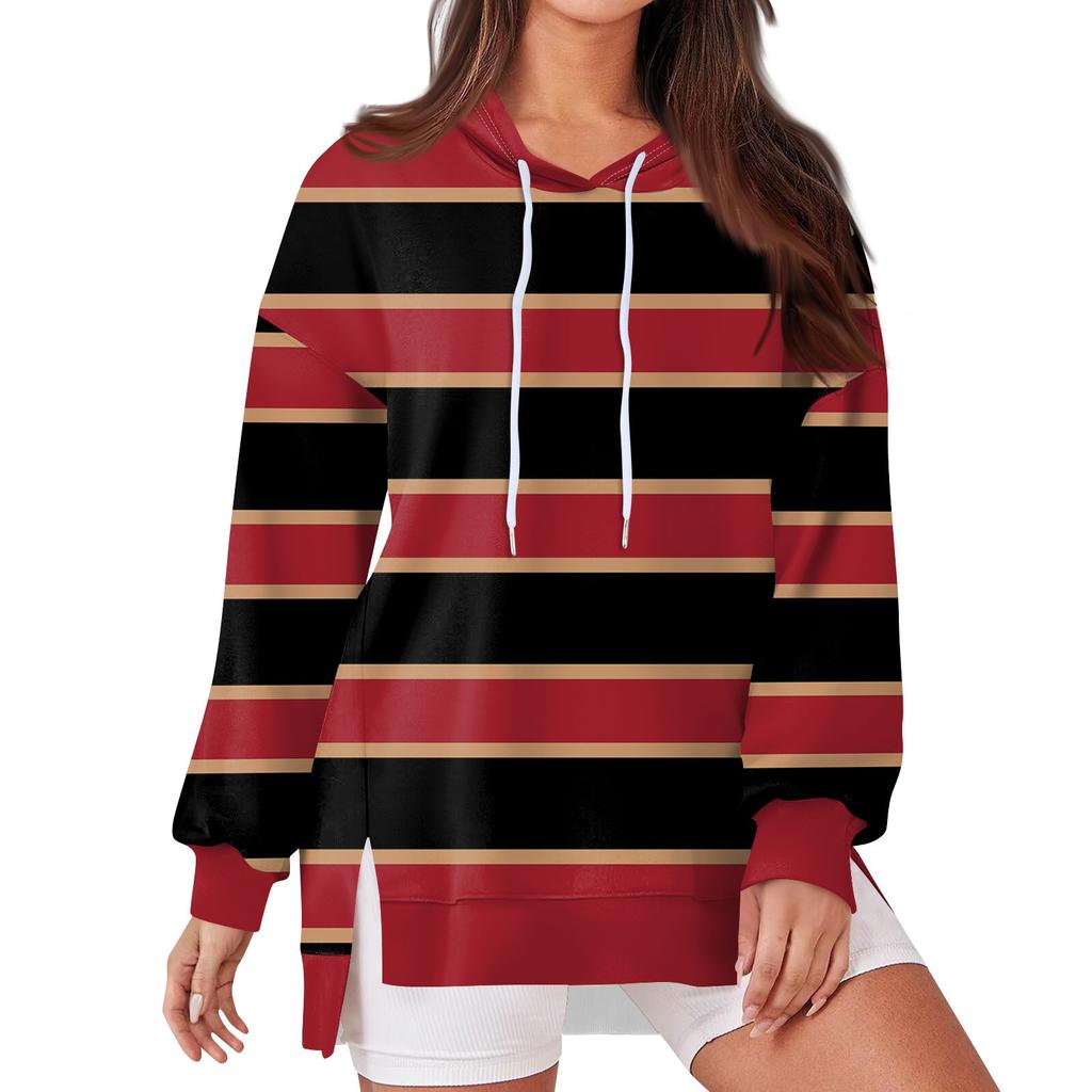 Женская модная повседневная толстовка с капюшоном с длинными рукавами и завязками, полосатая лоскутная принтованная свободная толстовка с разрезом