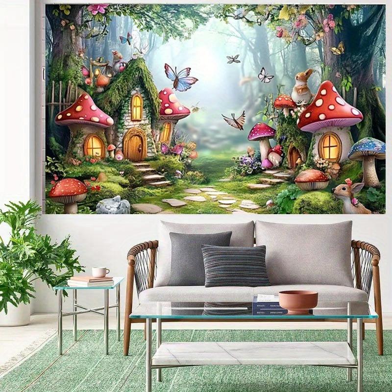 1 charming fairytale garden background cloth, polyester banner with colorful mushroom house, butterflies and wildflowers