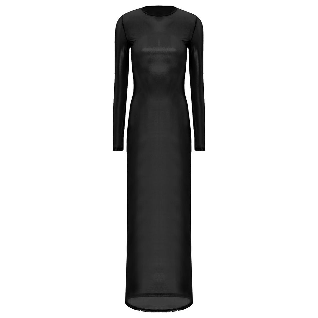 Женское прозрачное платье с длинным рукавом, с металлическим блеском, просвечивающее, в стиле макси, для клуба, ночное белье, забавное платье-нижнее белье