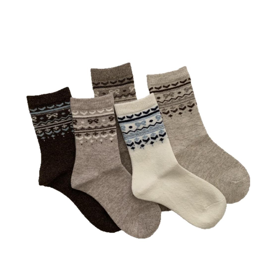 Шерстяные носки в стиле Fair Isle с ретро-цветовыми блоками - Средняя высота, тепло для осени и зимы