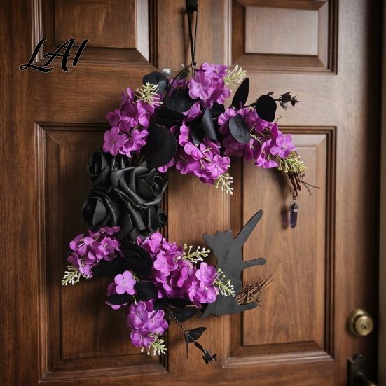 Decorative Resin Cat Statue Halloween Black Artificial Roses Wreath Half Moon Berries Crescent Grapevine Unique Seasonal Entryway Accent Spooky