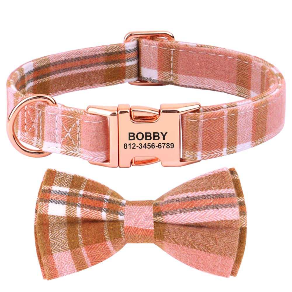 Personalized Nylon Dog Collar Plaid Dog Collars With Bowknot Free Custom Pet Buckle Necklace For Small Medium Dogs Chihuahua Pug