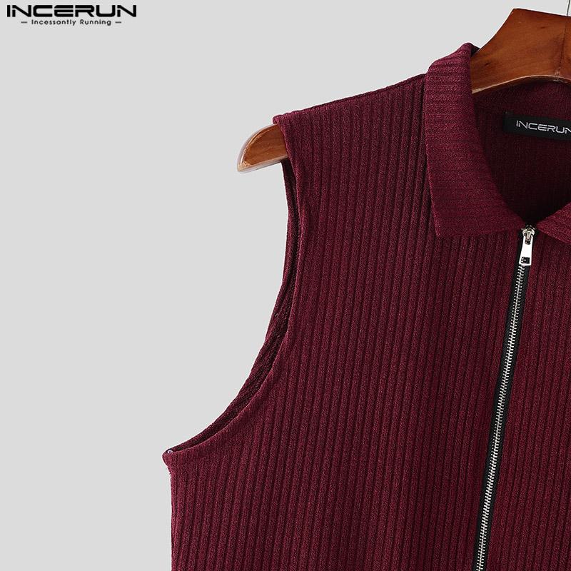INCERUN Мужские летние топы с отворотом на молнии без рукавов в рубчик