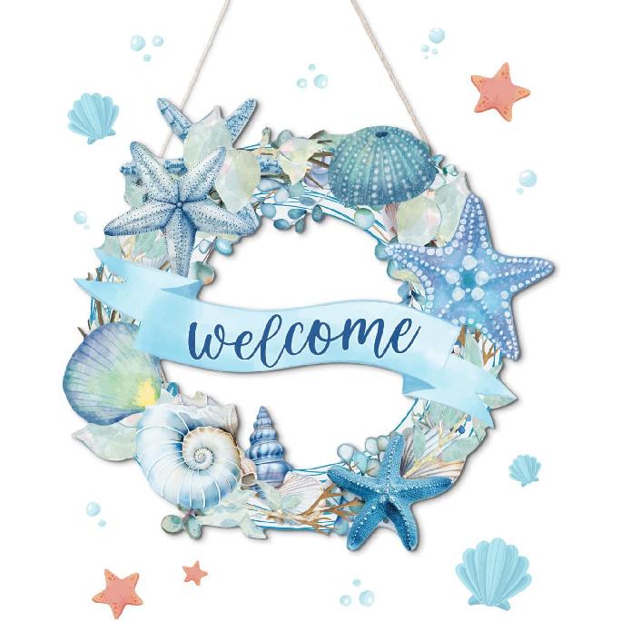 Putuo Decor Пляжные венки - Знак «Добро пожаловать в океан», Деревянный материал, Летний пляжный декор для входной двери, Дизайн с морской черепахой