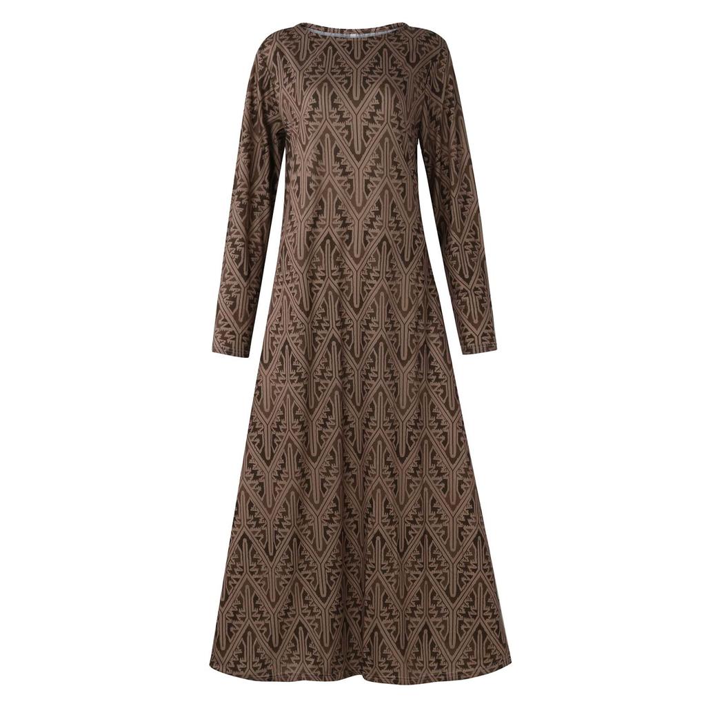 Women's Autumn And Winter Dress O-Neck  Long Sleeve Digital Print Round Neck Long Sleeve  Dress