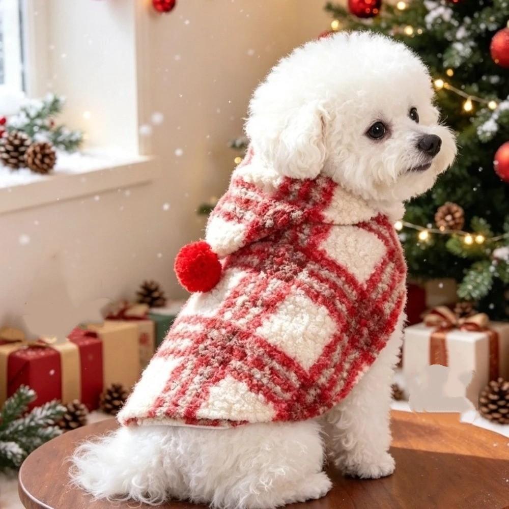 Red Plaid Pet Christmas Cloak Fuzzy Fleece Christmas Pet Cape Pet Hooded Cape Vest Xmas Holiday