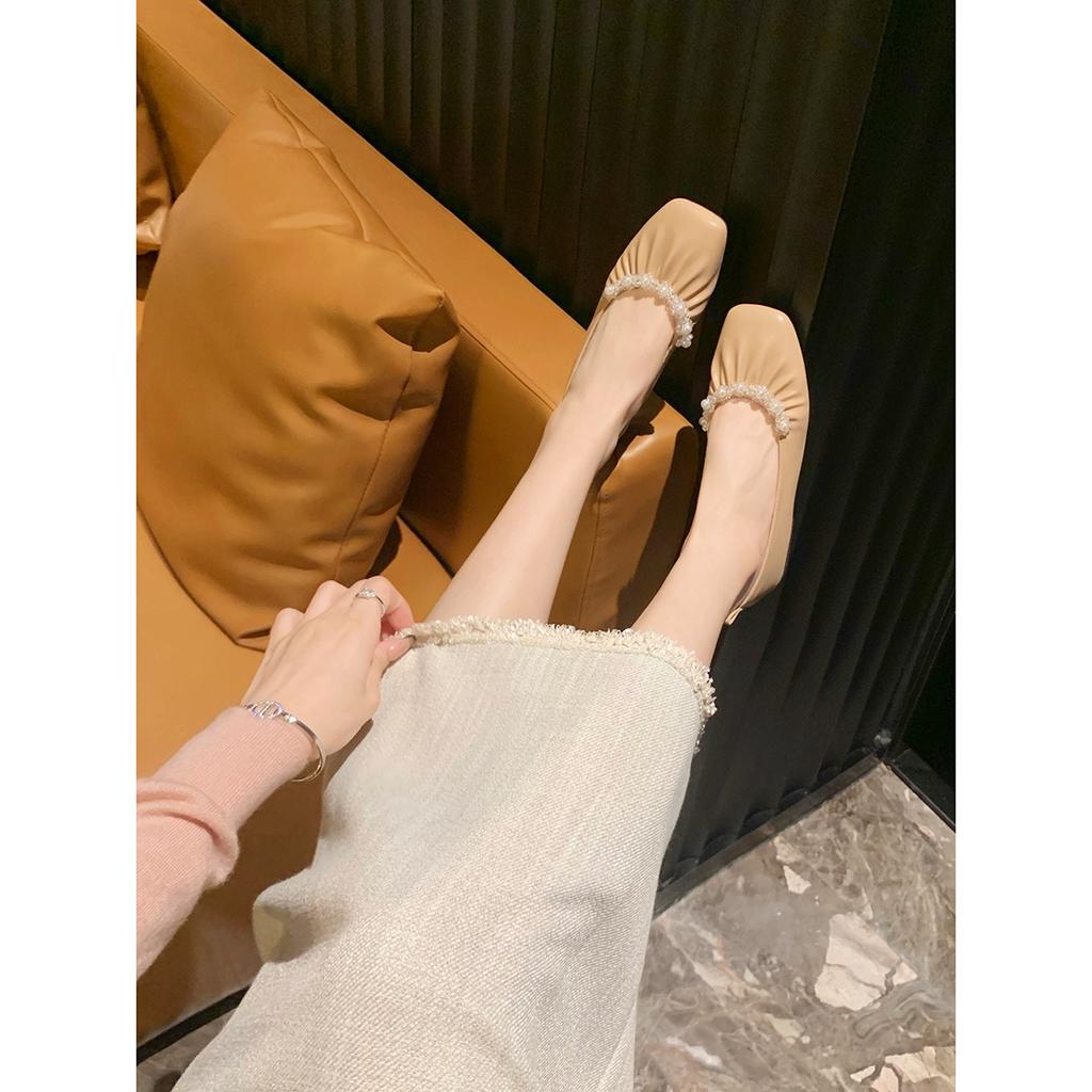 Gentle Pearl Grandmother Shoes Shallow Mouth Square Head Soft Flat Bottom Temperament Single Shoe Female Summer