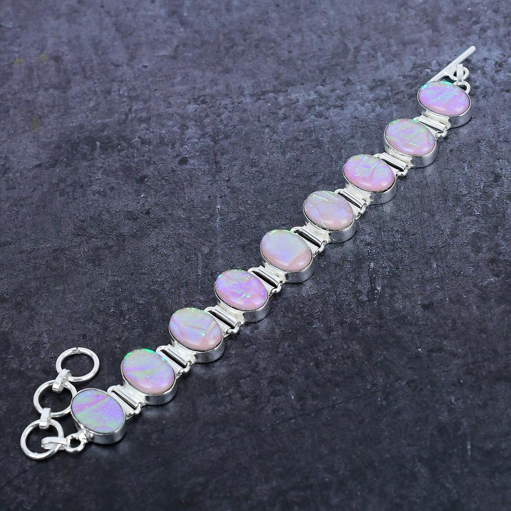 Браслет ручной работы из серебра 925 пробы с розовым опалом и тремя драгоценными камнями 7-8 дюймов g7Q66