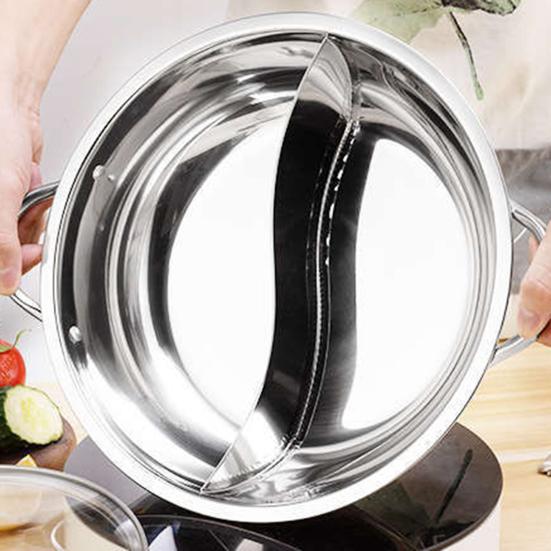 1 Set 30cm Double-Flavoured Pot with Lid Binaural Anti-scalding Stainless Steel Induction Cooker Compatible Single-layer Thicken Soup Hot Pot