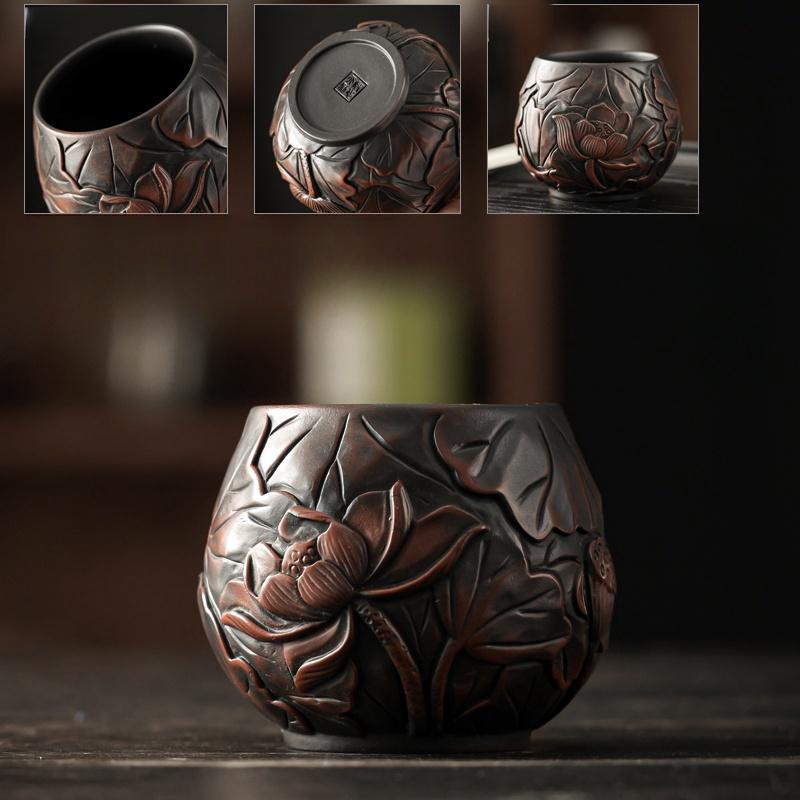 Lotus Pure Ручная резьба Фиолетовая керамика Jianshui Master Cup Бытовая чайная чашка Ручная работа Чайная чаша Ароматная чашка Чайный сервиз