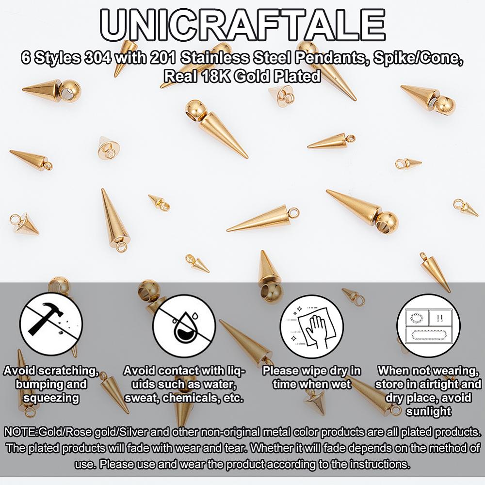 30Pcs 6 Styles 304 with 201 Stainless Steel Pendants Spike/Cone Real 18K Gold Plated 7.5~21x3~6mm Hole: 1.8~3.2mm 5pcs/style