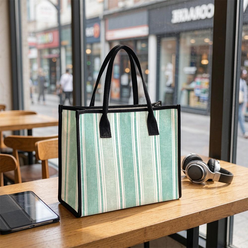 Green Striped Tote Bag Casual Large Daily Use Shoulder Handbag
