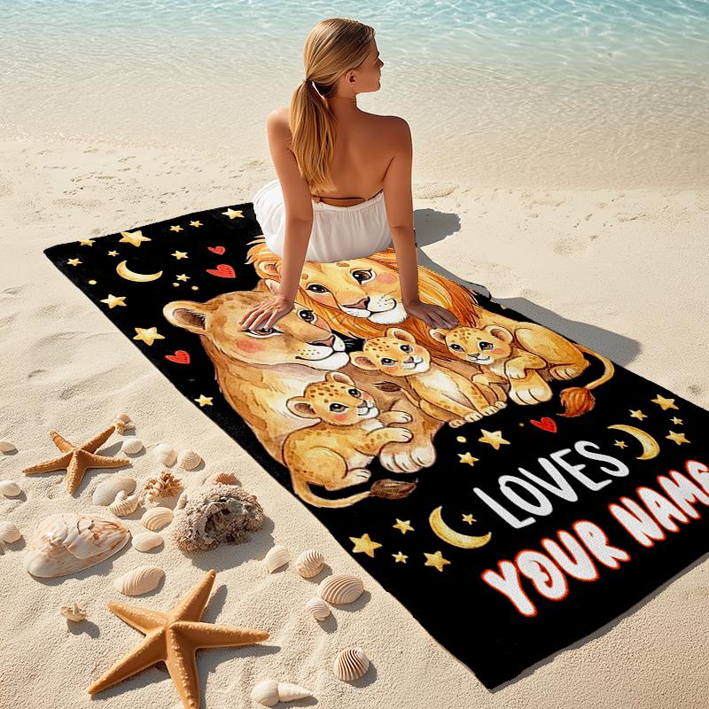 1PC Custom Name Lion Family Night Sky Beach Towel Highly Absorbent And Sand-Resistant Towel for Swimming, Pool, Yoga, And Travel Lightweight