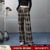 Retro Plaid Fleece-Lined Straight-Leg Casual Pants