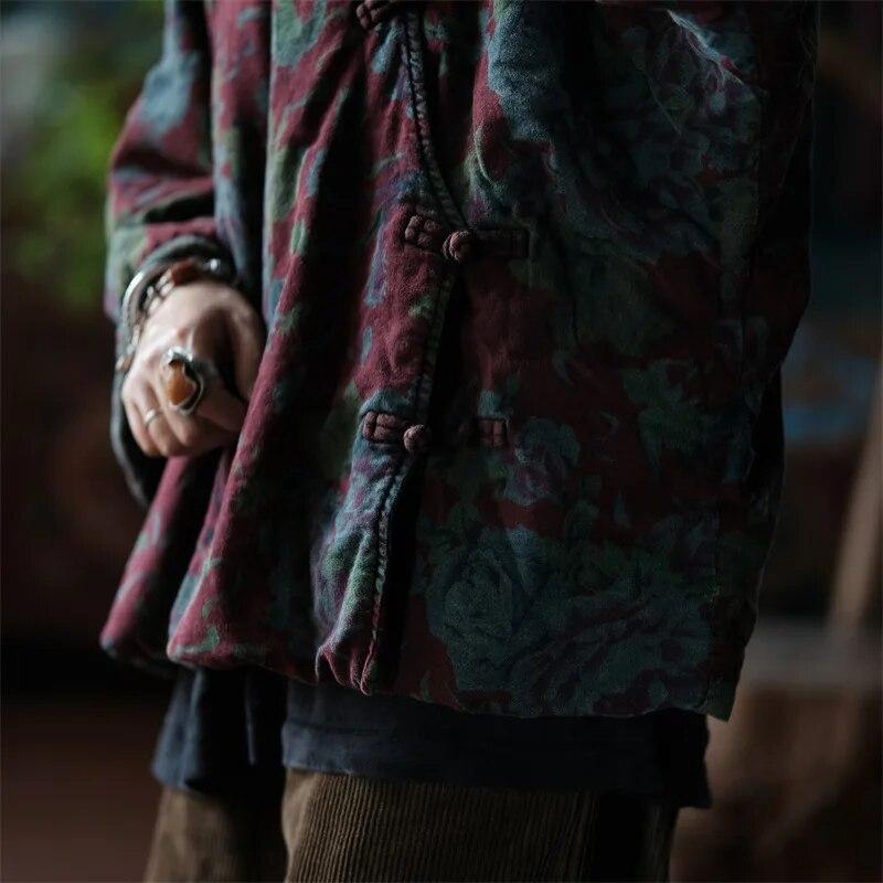 Johnature Women Vintage Cotton Linen Parkas Stand Long Sleeve Button Warm Plus Cotton Coats Winter Chinese Style Parkas