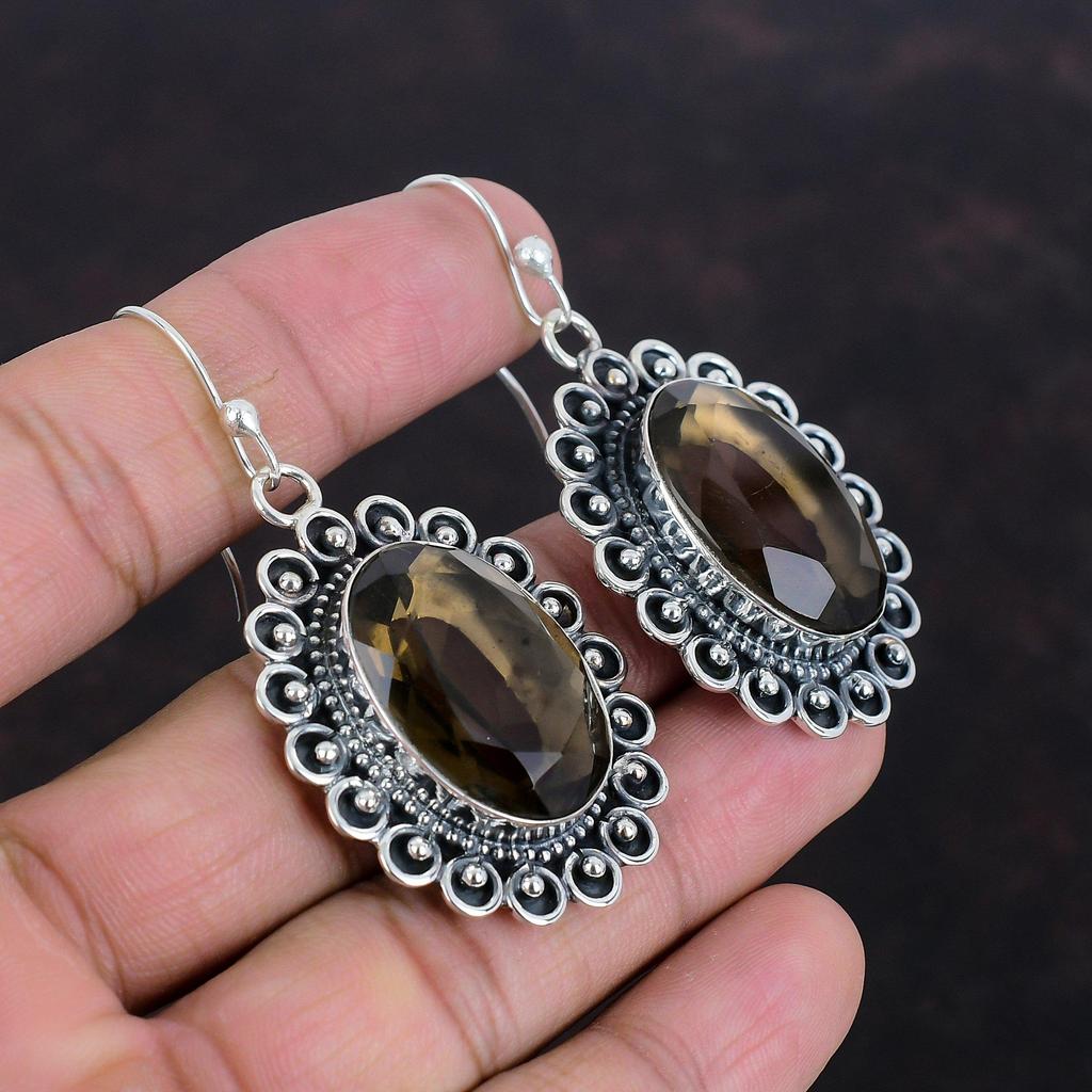 Серьги из ограненного дымчатого кварца, натуральные драгоценные камни, серьги из стерлингового серебра 925 пробы, уникальные серьги ручной работы, серебряные украшения, подарки для матери