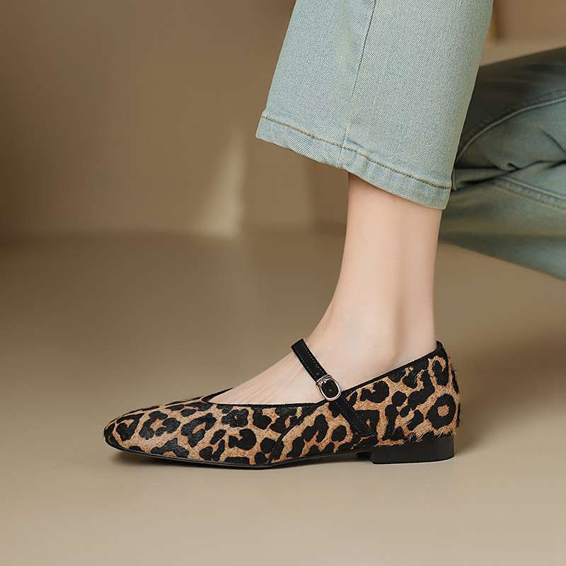 Krazing Pot Horsehair Fur Summer Spring Autumn Low Heels Flat with Leopard Patterns Ballet Shoes Shallow Pumps