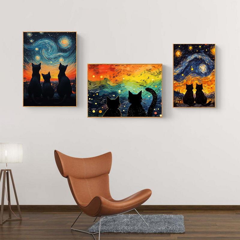Черный кот под небом Серия «Звездная ночь» Тематическая печать на холсте Модные популярные цвета Фреска Студия Домашнее украшение Искусство Подарки