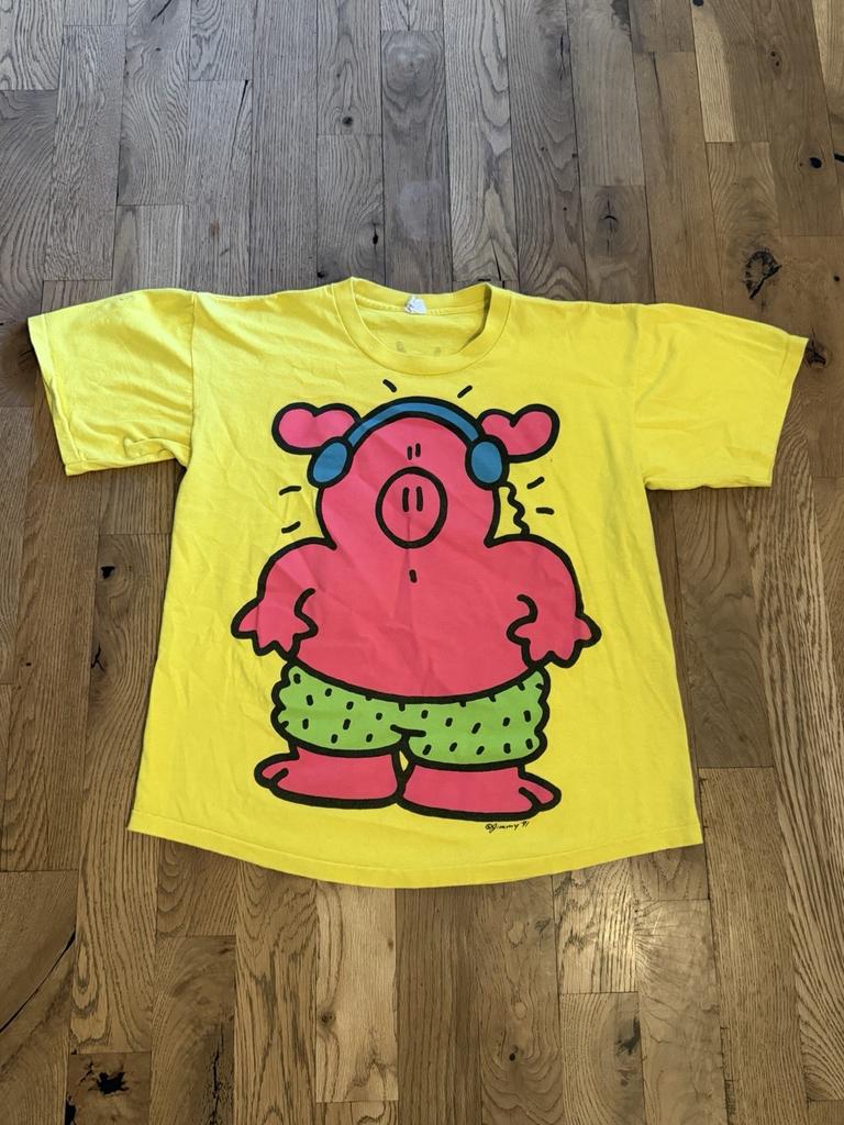 Винтажная мужская футболка 90-х Jimmy Pig в стиле Keith Haring, мультяшная, желтая, размер XL, унисекс