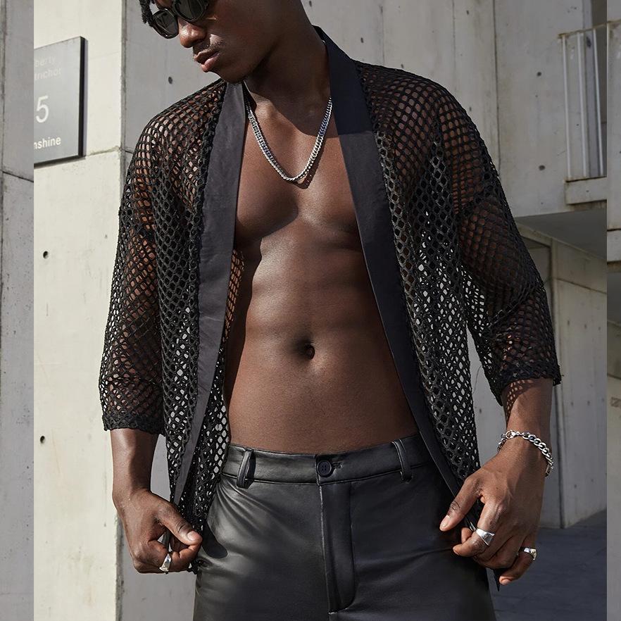 Мужская сексуальная сетчатая ажурная кардиган-шаль футболка | Европейская и американская мода сценический топ
