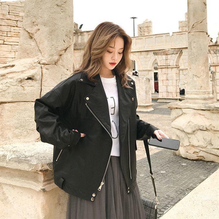 Autumn Women's Loose Motorcycle Leather Jacket, Street Style Short Coat