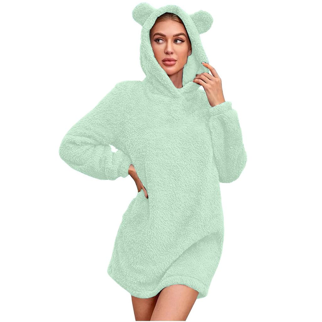 Pajamas Dresses For Women Plush Hooded Casual Winter Warm Long Sleeve Fuzzy Fleece Cute Bear Ear Nightgown Sleepwear