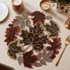 1-5pcs Maple Leaf Placemats Embroidered Table Runner Flocked Brown Maple Rustic Farmhouse Thanksgiving Harvest Decor 35x35cm