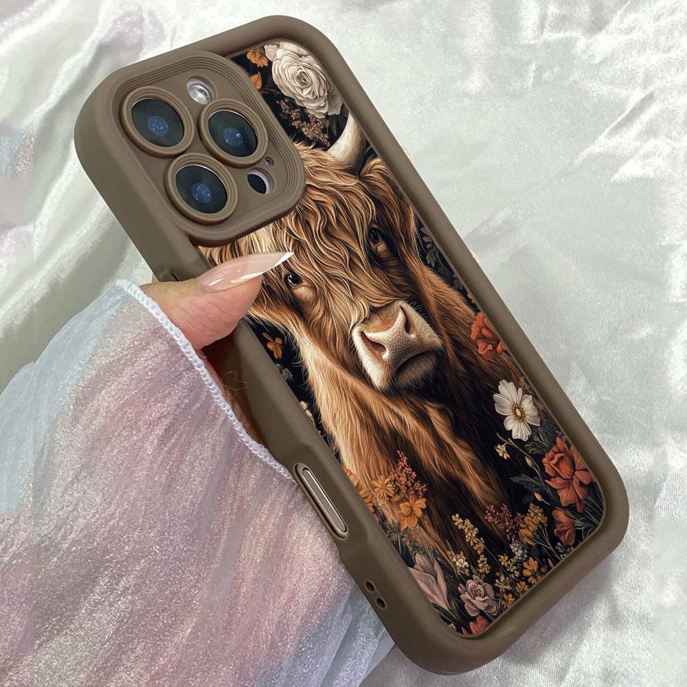JT560 Винтажный рисунок шотландской коровы с цветами для iPhone 17 16 15 14 13 Pro Max Samsung S26 S25 Ultra A17 A07 A56 A16 Xiaomi 15T Redmi 15c 14 Мягкий чехол