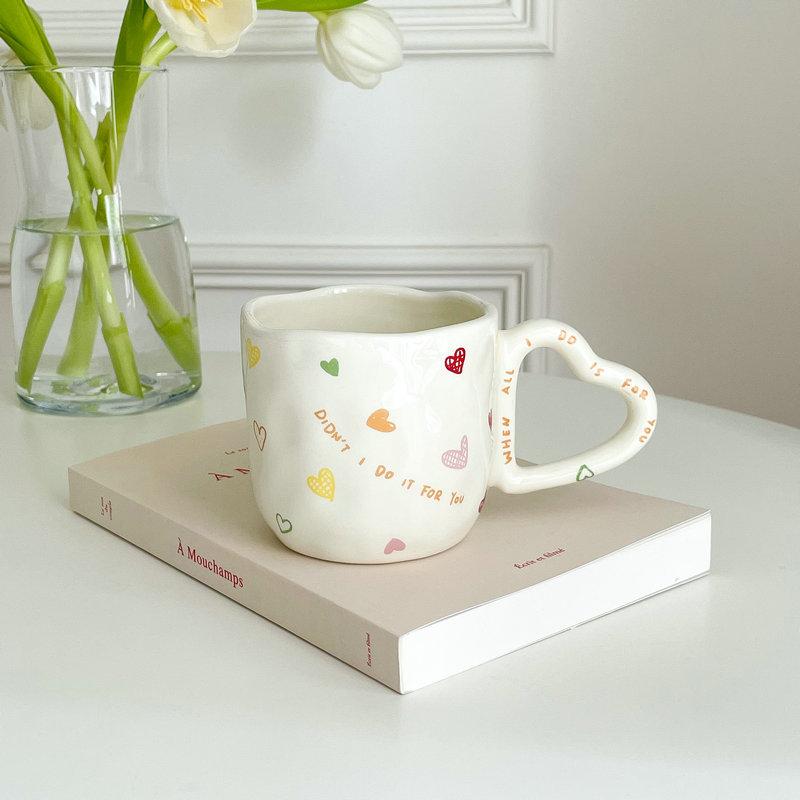 350ML Ceramic Coffee Mugs Tulip Love Handle Cups Hand Pinched Irregular White Color Flower Milk Mug Oatmeal Breakfast Tea Cup